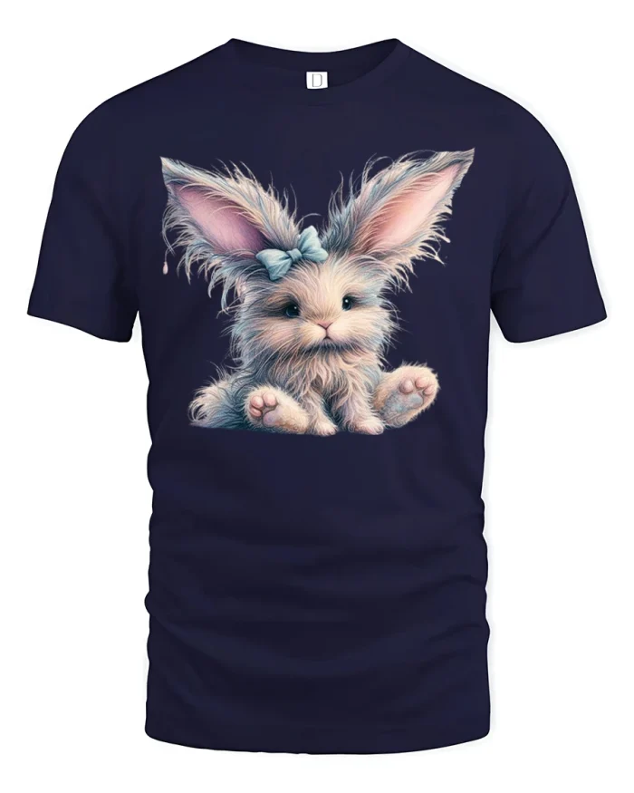 Cute Fluffy Bunny Illustration Soft Pastel Cartoon Graphic T Shirt - navy t-shirt on white background