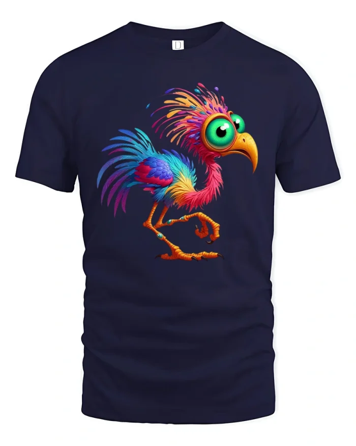 Funny Colorful Bird Cartoon Illustration Vibrant Artistic Graphic T Shirt - navy t-shirt on white background
