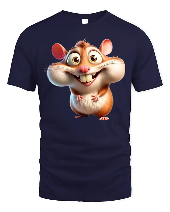 Funny Smiling Hamster Cartoon Illustration Cute Animal Graphic T Shirt - navy t-shirt on white background