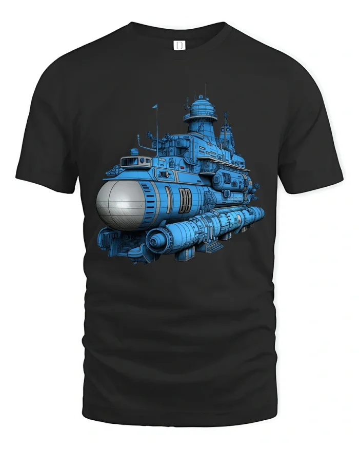 Futuristic Blue Submarine Sci Fi Art Graphic T Shirt Tee - black t-shirt on white background