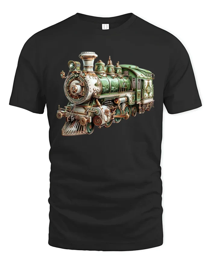 Steampunk Vintage Steam Train Art Graphic TShirt Tee Design - black t-shirt on white background