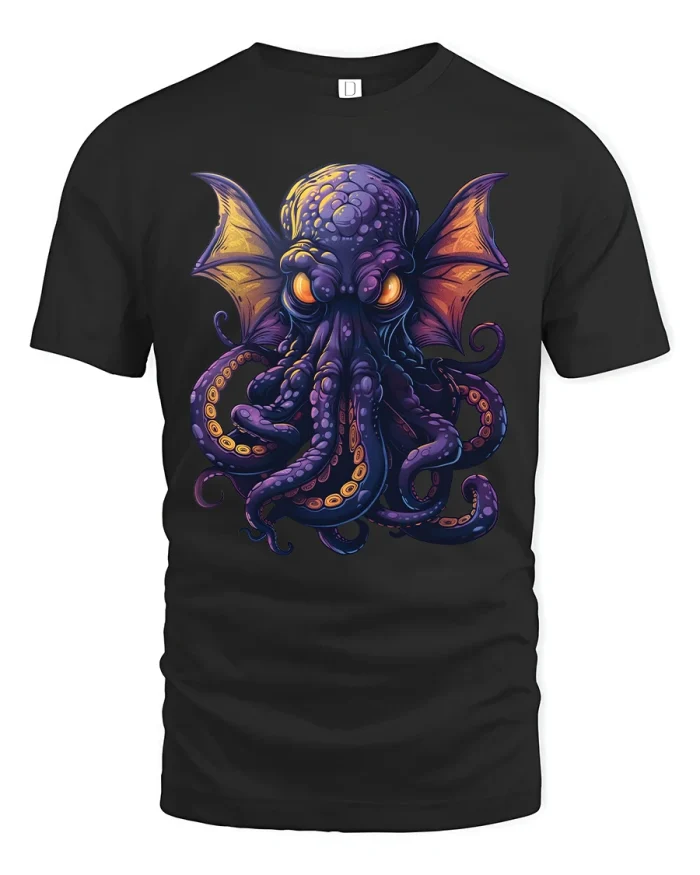 Dark Fantasy Cthulhu Octopus Monster Art Graphic T Shirt Tee - black t-shirt on white background