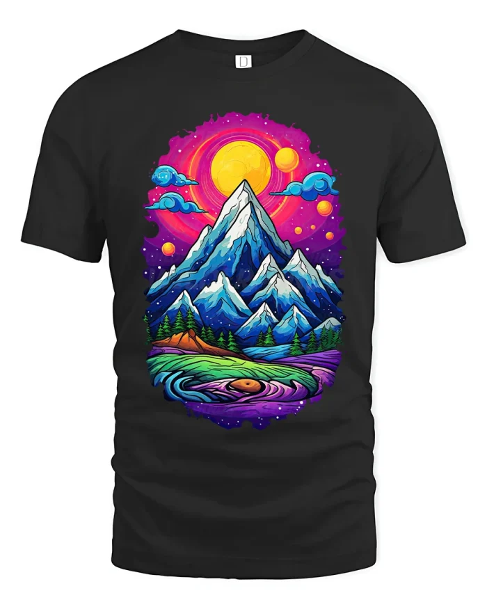 Psychedelic Mountain Landscape Art Graphic T Shirt Tee Design - black t-shirt on white background