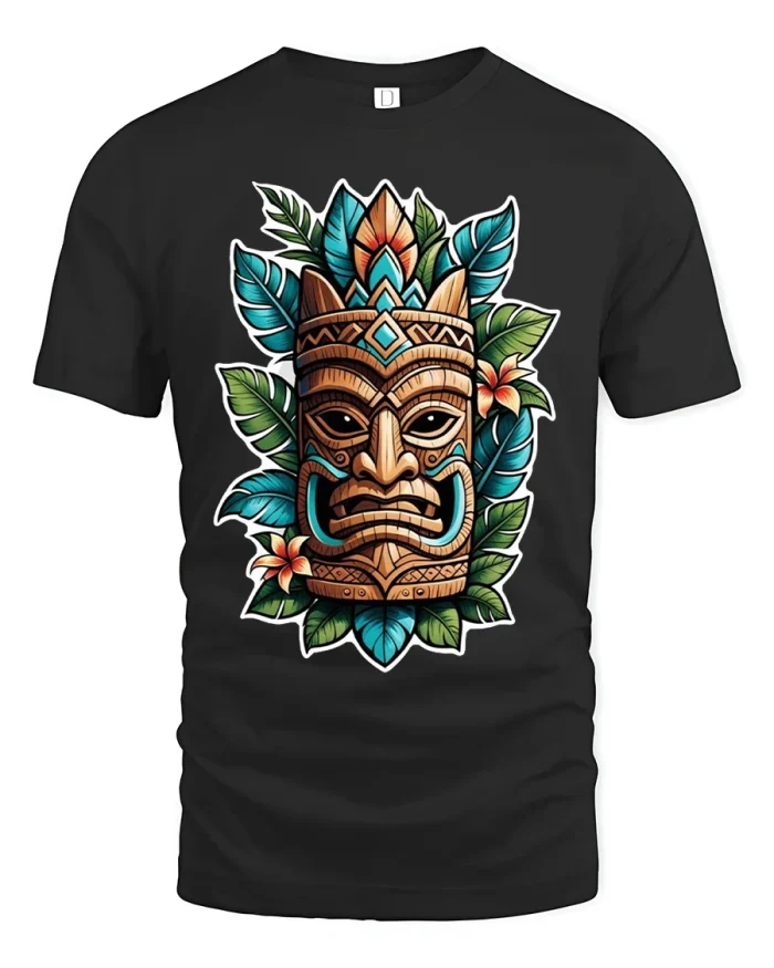 Tropical Tiki Mask Tribal Art Graphic T Shirt Tee Design - black t-shirt on white background
