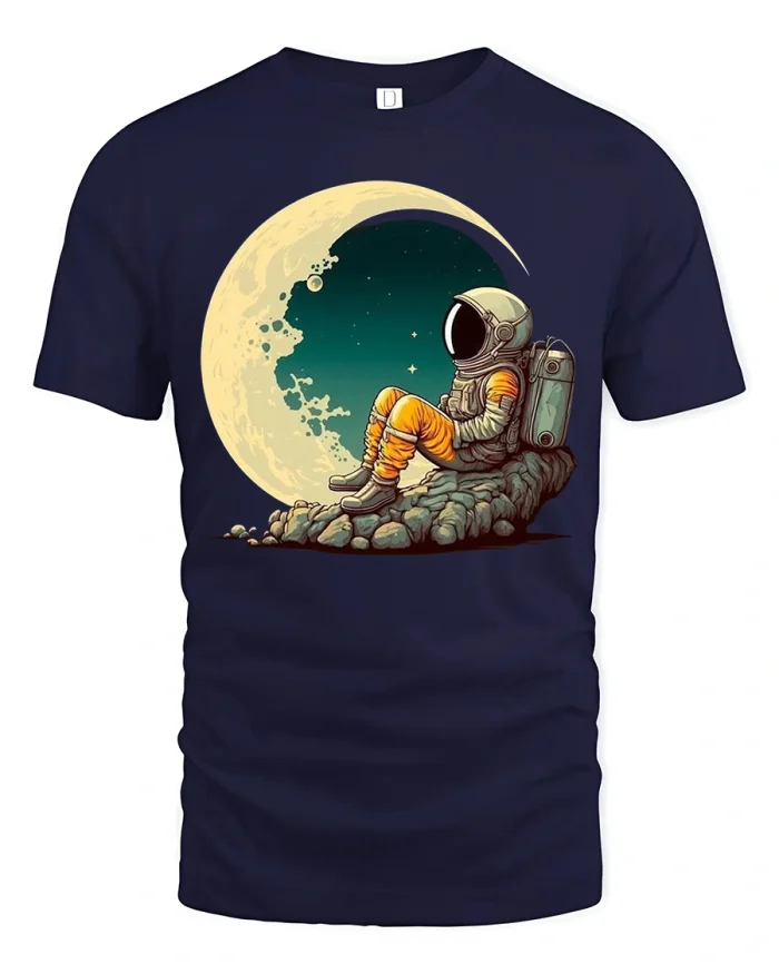 Lonely Astronaut Moon Night Space Art Graphic T Shirt Tee - navy t-shirt on white background