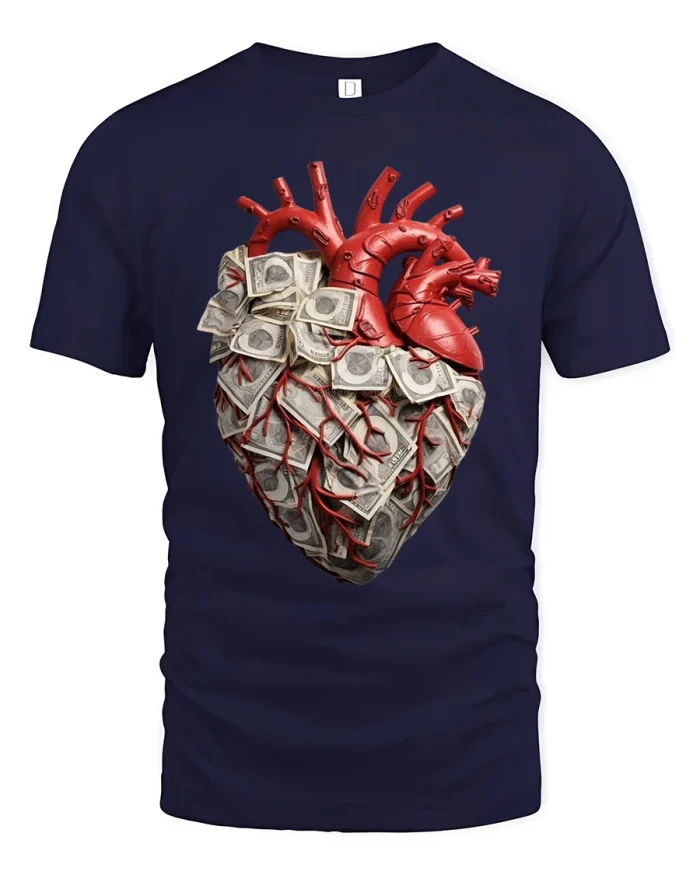 Money Heart Anatomy Art Graphic T Shirt Tee Bold Concept - navy t-shirt on white background