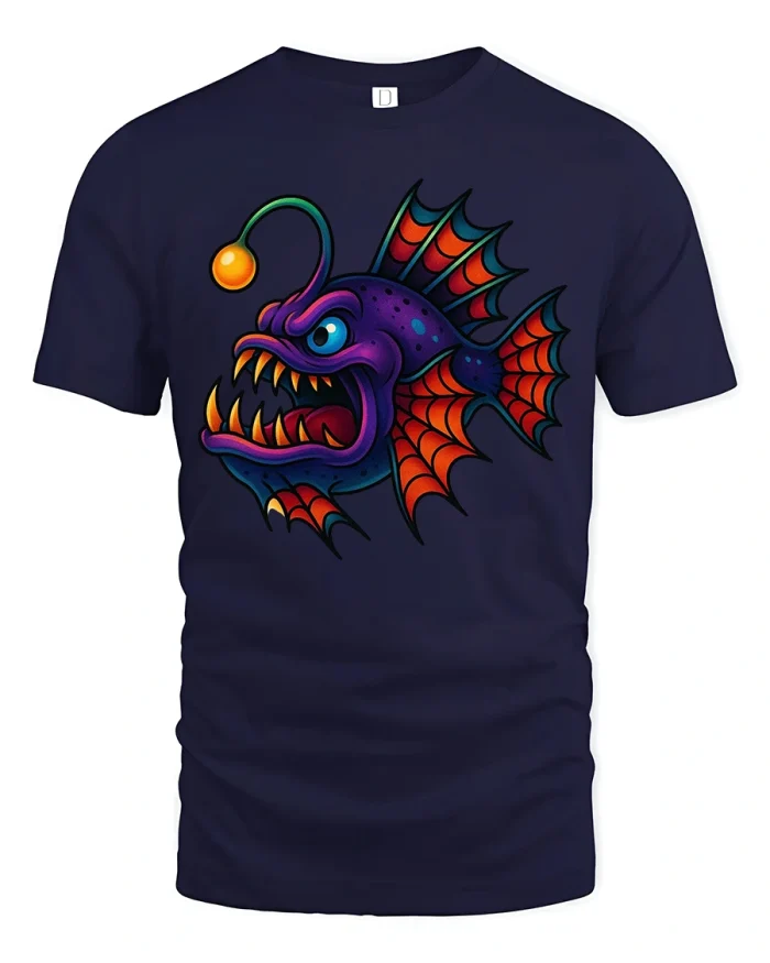 Cute Angry Anglerfish Monster Cartoon Art Graphic T Shirt Tee - navy t-shirt on white background