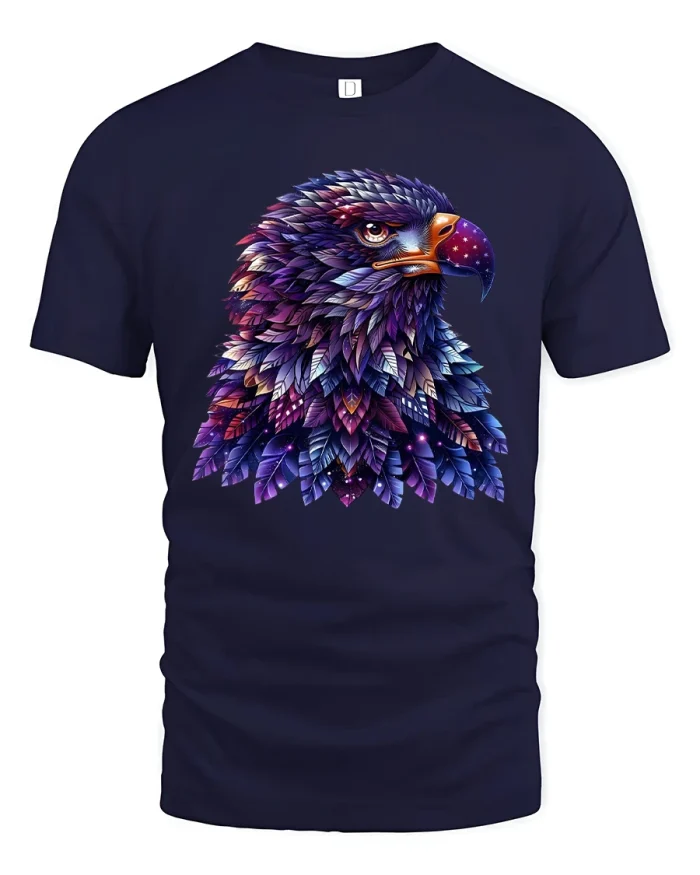 Cosmic Eagle Head Galaxy Feather Art Graphic T Shirt Tee - navy t-shirt on white background