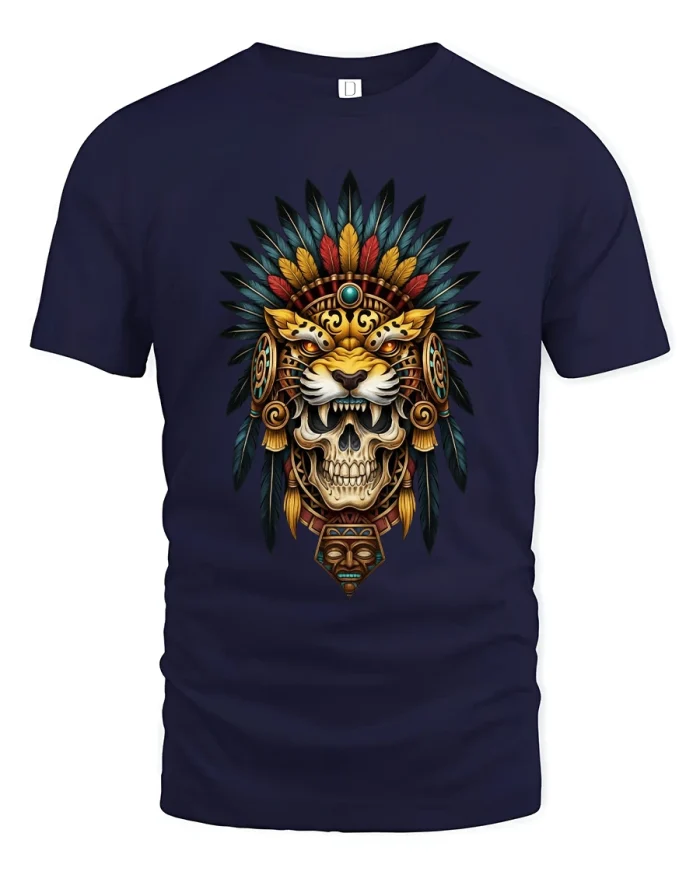 Tribal Skull Lion Headdress Warrior Art Graphic T Shirt Tee - navy t-shirt on white background