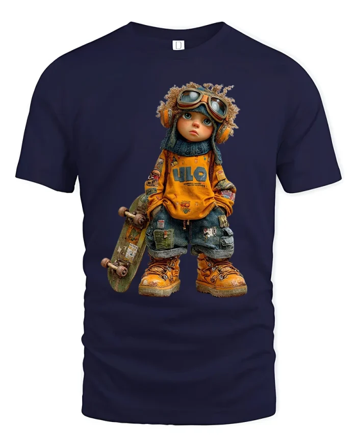 Cute Street Kid Skateboard Character Art Graphic T Shirt Tee - navy t-shirt on white background