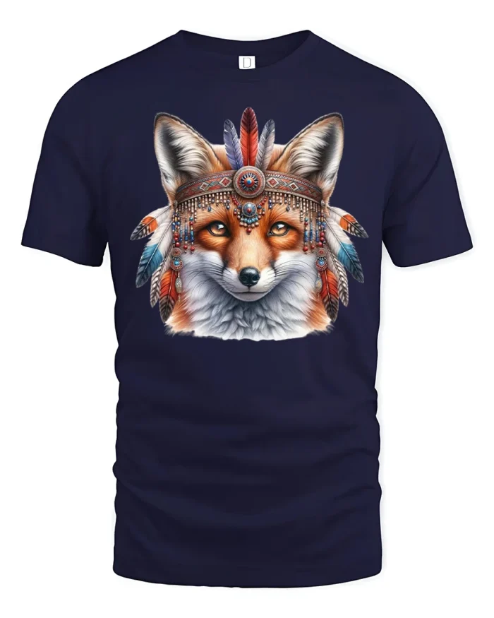 Tribal Fox Spirit Feather Headdress Art Graphic T Shirt Tee - navy t-shirt on white background