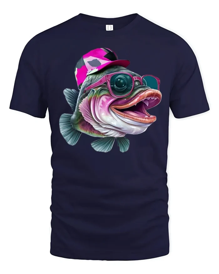 Funny Cool Fish With Hat And Sunglasses Graphic T Shirt Tee - navy t-shirt on white background