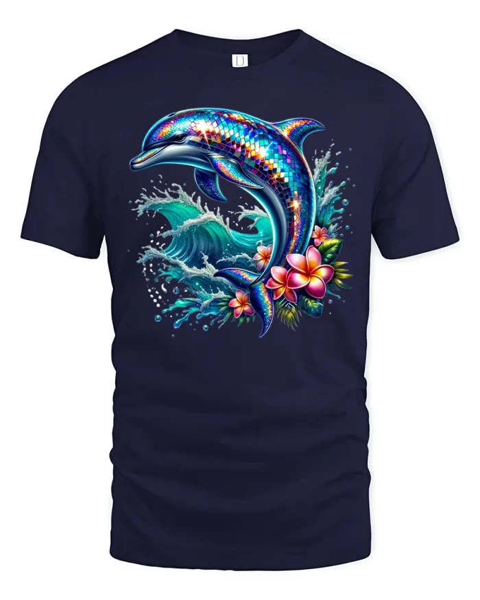 Colorful Dolphin Jumping Ocean Wave Tropical Graphic T Shirt Tee - navy t-shirt on white background