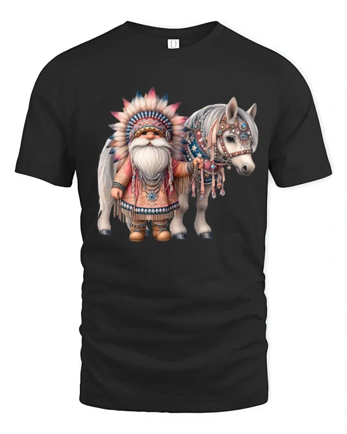 Magical Gnome Elder With Spirit Horse Fantasy Cartoon Graphic Tee - black t-shirt on white background
