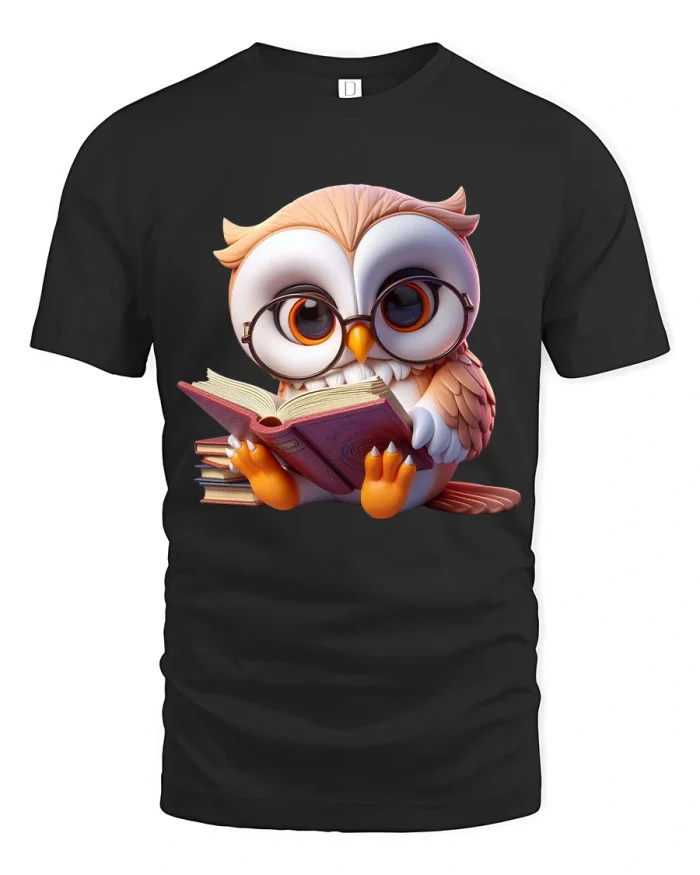 Cute Owl Reading Book Smart Illustration Graphic T Shirt Tee - black t-shirt on white background