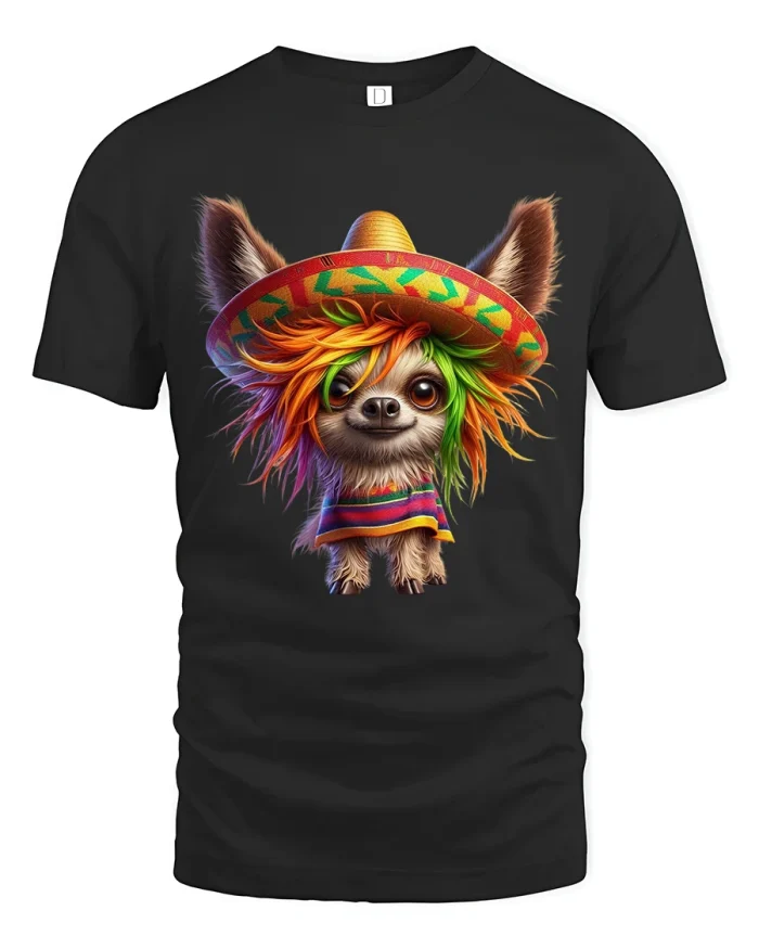 Funny Colorful Chihuahua Dog Wearing Sombrero Graphic T Shirt Tee - black t-shirt on white background