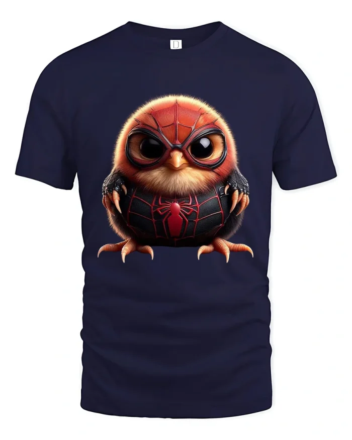 Cute Superhero Bird Cartoon Graphic Tee With Bold Comic Style - navy t-shirt on white background