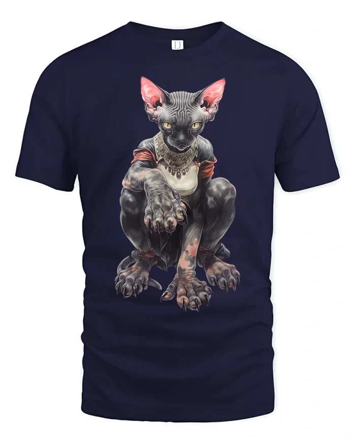 Dark Sphynx Cat Warrior Fantasy Art Graphic Tee Shirt - navy t-shirt on white background