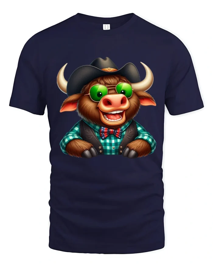 Funny Cowboy Bull Cartoon Graphic Tee Shirt With Western Style - navy t-shirt on white background