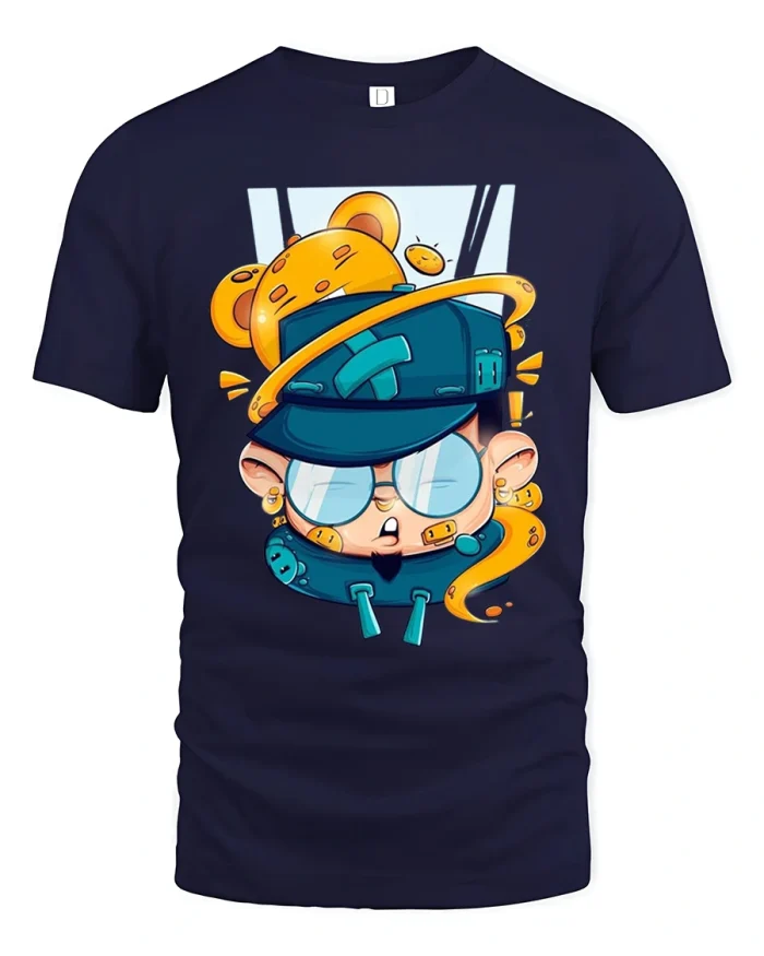 Funny Cartoon Explorer Character Graphic Tee Shirt With Cute Style - navy t-shirt on white background