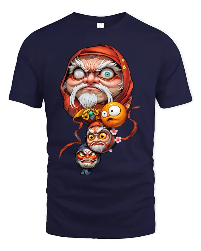 Funny Mystical Old Man Cartoon Faces Graphic Tee Shirt - navy t-shirt on white background