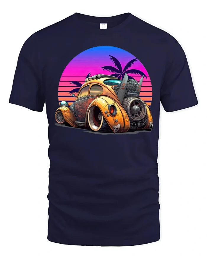 Retro Sunset Hot Rod Beetle Car Illustration Graphic Tee Shirt - navy t-shirt on white background