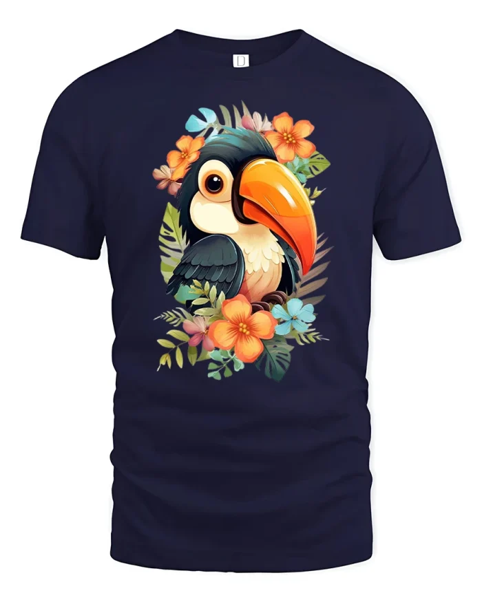 Tropical Toucan Floral Illustration Art Graphic Tee Shirt - navy t-shirt on white background
