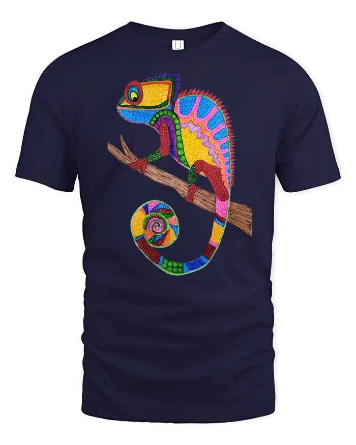 Colorful Mosaic Chameleon Art Illustration Graphic Tee Shirt - navy t-shirt on white background