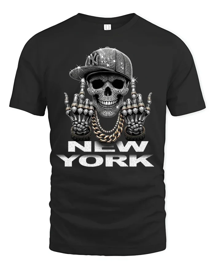 New York Skull Street Attitude Graphic Tee with Hip Hop Energy - black t-shirt on white background