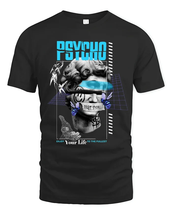 Psycho Freedom Street Art Enjoy Your Life Graphic Tee - black t-shirt on white background