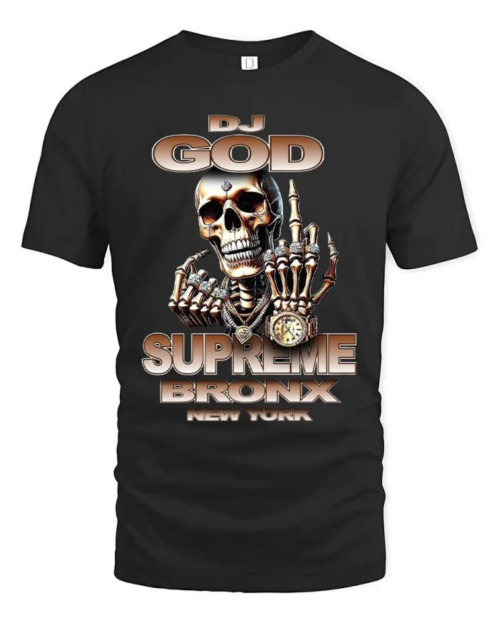 DJ God Supreme Bronx New York Skull Street Power Graphic Tee - black t-shirt on white background