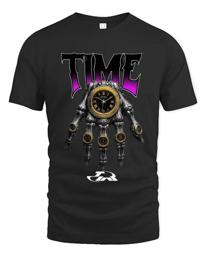 Time Skull Hand Luxury Street Art Graphic Tee with Urban Edge - black t-shirt on white background