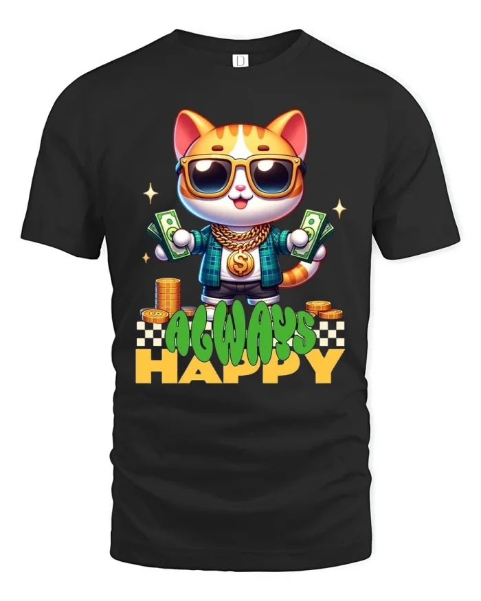 Always Happy Money Cat Street Style Graphic Tee Shirt - black t-shirt on white background
