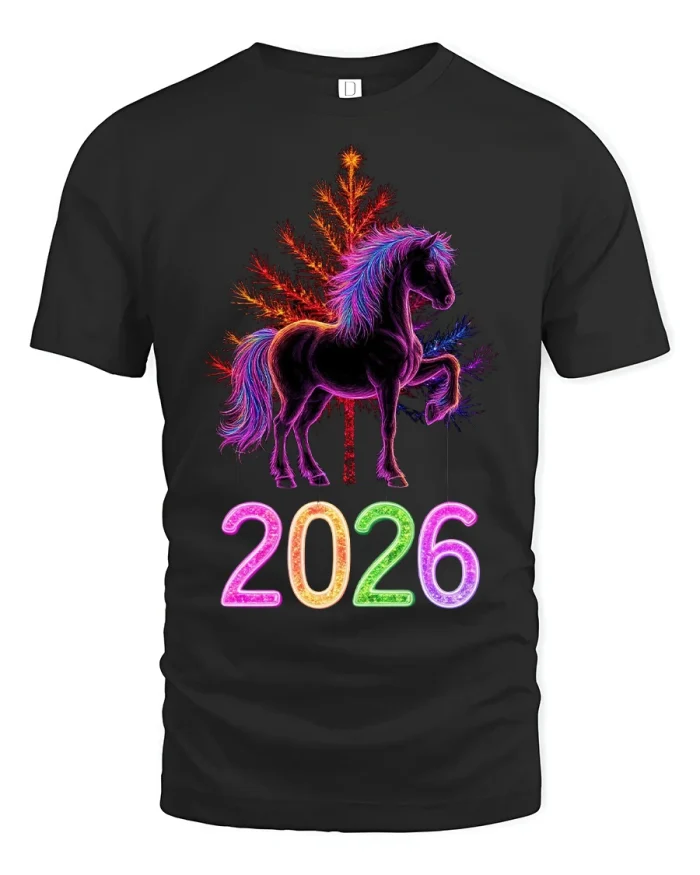 2026 Colorful Horse Celebration Art Graphic Tee Shirt - black t-shirt on white background
