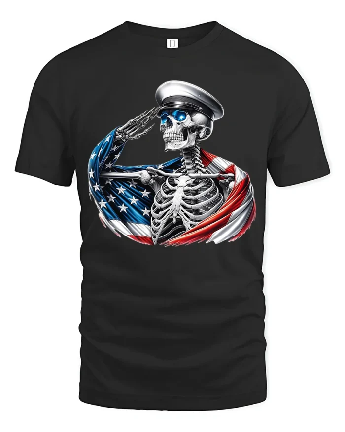 American Skull Salute Freedom Spirit Patriotic Graphic Tee - black t-shirt on white background