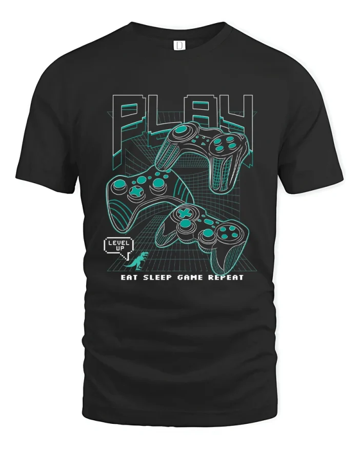 Play Eat Sleep Game Repeat Retro Gamer Graphic Tee Shirt - black t-shirt on white background