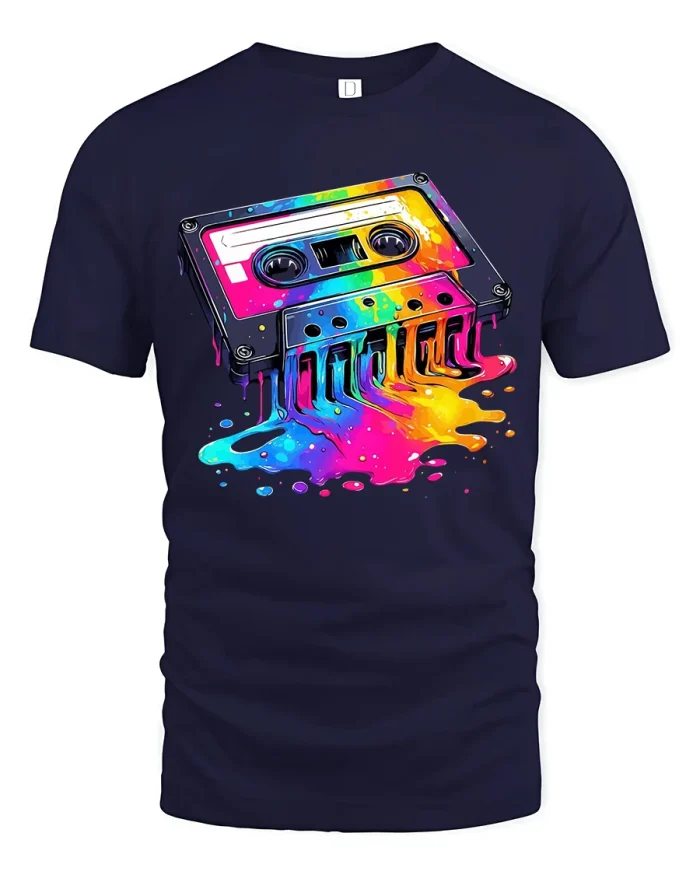 Retro Color Splash Cassette Music Art Graphic Tee Shirt - navy t-shirt on white background