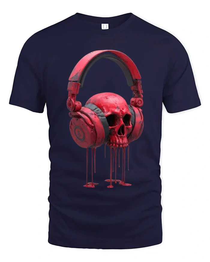 Red Skull Headphones Dark Music Street Art Graphic Tee Shirt - navy t-shirt on white background