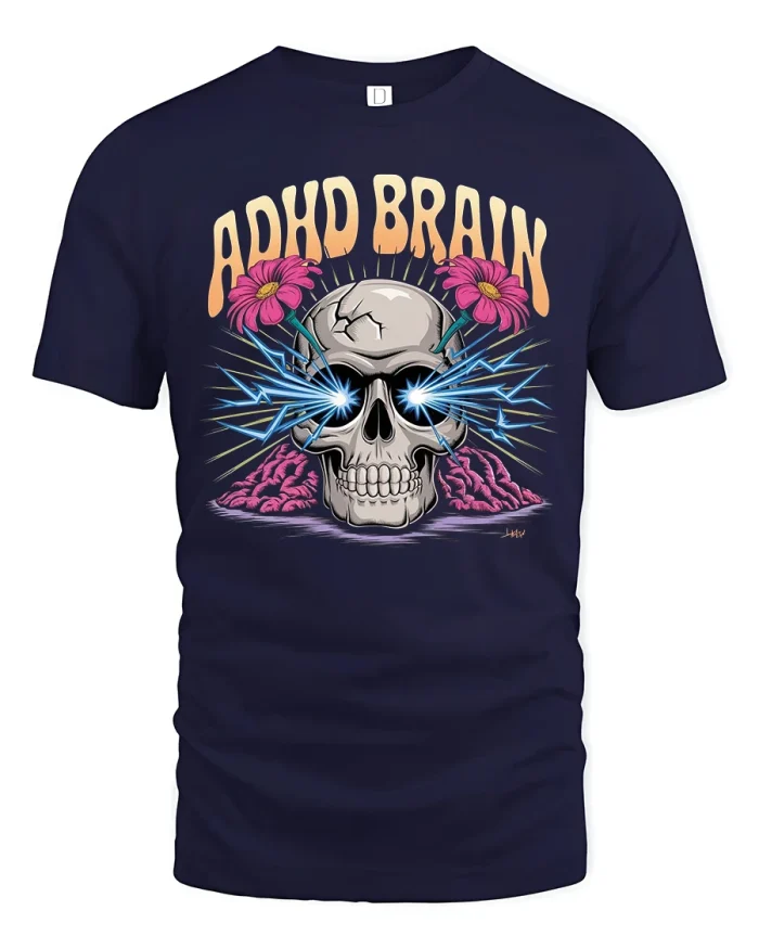 ADHD Brain Skull Lightning Energy Street Art Graphic Tee - navy t-shirt on white background