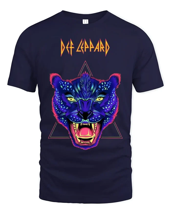 Def Leppard Neon Leopard Rock Energy Street Art Graphic Tee - navy t-shirt on white background