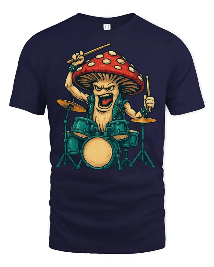 Wild Mushroom Drummer Rock Energy Funny Graphic Tee Shirt - navy t-shirt on white background