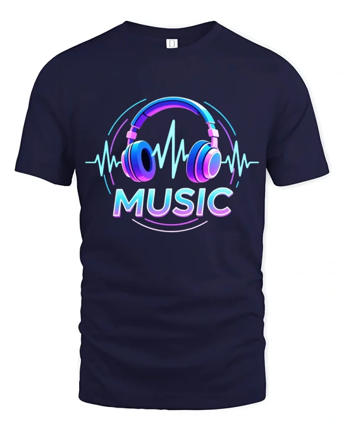 Music Heartbeat Headphones Neon Sound Wave Graphic Tee Shirt - navy t-shirt on white background