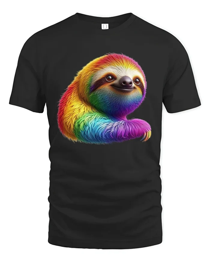 Rainbow Sloth Smiling Face Graphic Tee With Soft Premium Feel - black t-shirt on white background