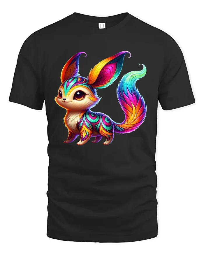 Rainbow Fantasy Fox Graphic Tee With Soft Premium Artistic Feel - black t-shirt on white background