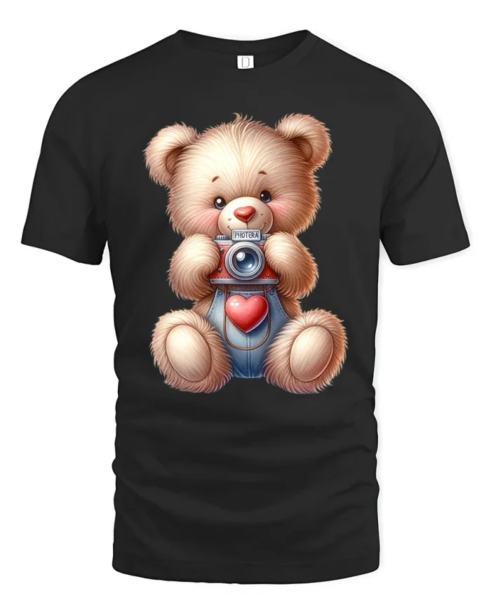 Cute Teddy Bear Camera Love Graphic Tee With Soft Cozy Feel - black t-shirt on white background