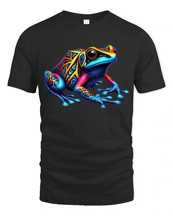 Colorful Tribal Frog Art Graphic Tee With Bold Premium Style - black t-shirt on white background