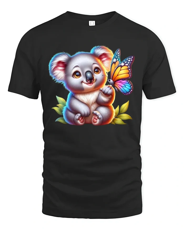 Cute Koala Butterfly Art Graphic Tee With Soft Whimsical Feel - black t-shirt on white background