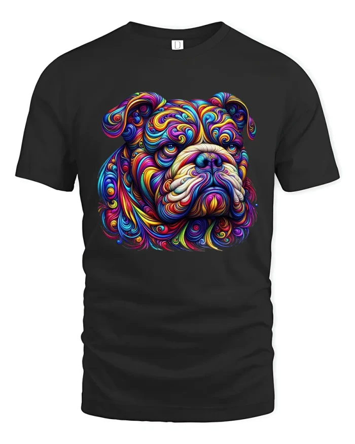Colorful Psychedelic Bulldog Art Graphic Tee With Bold Swirl Design - black t-shirt on white background