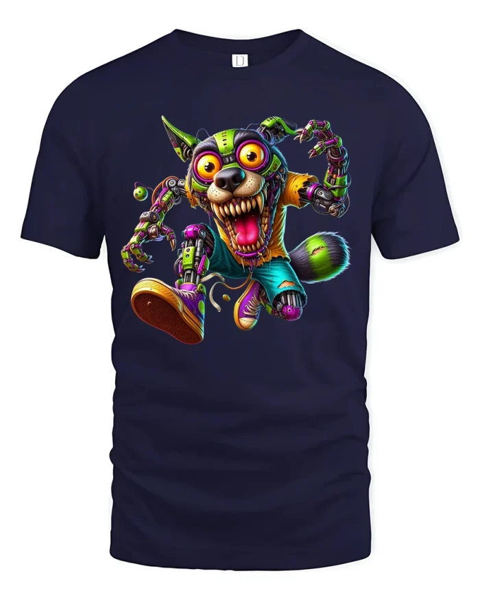 Cyberpunk Robotic Dog Action Illustration Futuristic Graphic Tee - navy t-shirt on white background