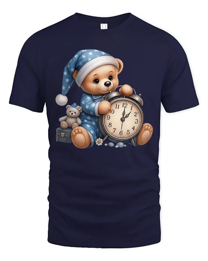 Cute Sleeping Teddy Bear With Alarm Clock Cozy Graphic Tee - navy t-shirt on white background